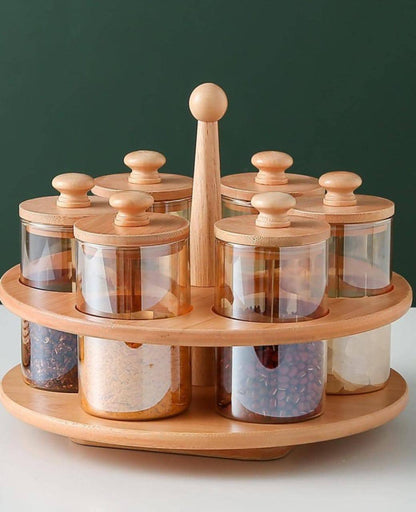 6 in 1 Rotating spice rack 
With spoon /Seasoning set with Bamboo stand