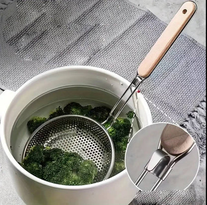 Stainless steel skimmer with wooden handle