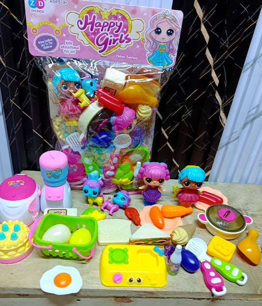 Happy girls kitchen set with plenty play items