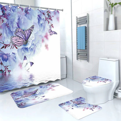 3D 4in1 bathroom woolen mats with a waterproof shower curtain