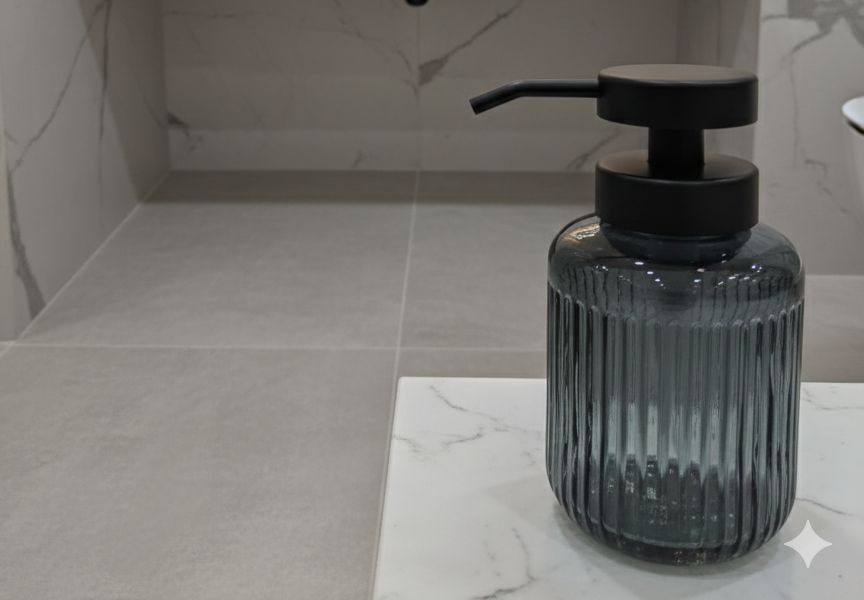 1pc sleek glass hand soap dispenser,matching cup & tray