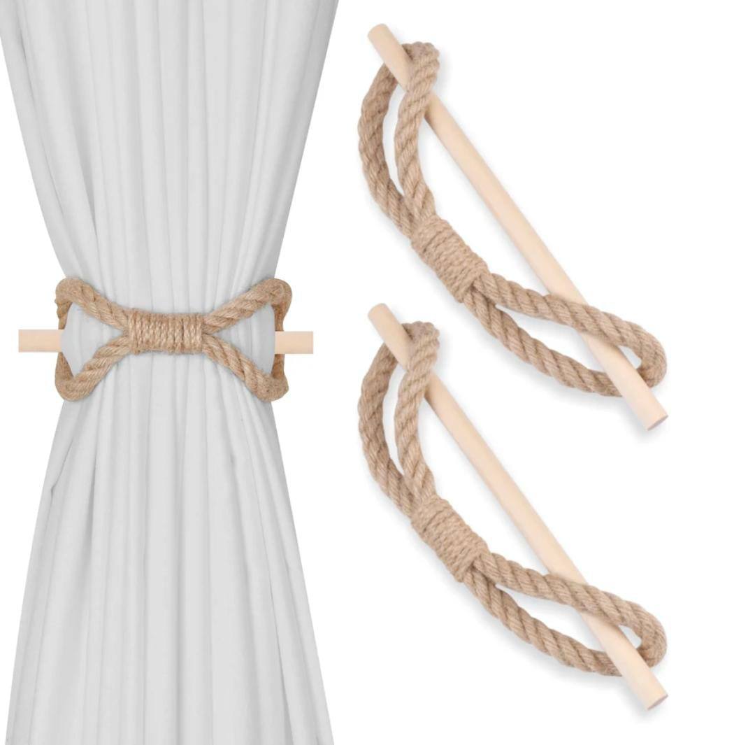 Curtain Tiebacks Rustic Holdbacks for Drapes, Farmhouse Tie Backs for Curtains, Cotton Jute Rope with Wood Club, Natural Boho Decor Shabby Chic Drapery Holder, Pack-2