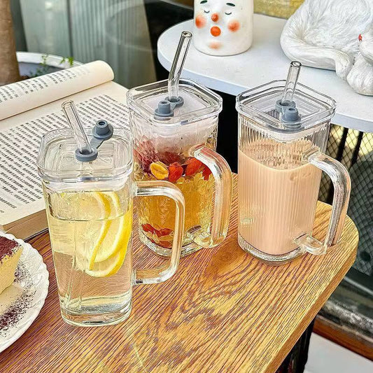 Transparent Borosilicate Drinking Glass Cup/Tumbler with  lid + straw
